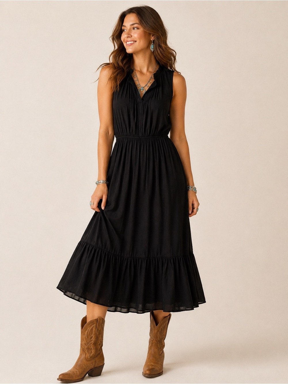Stetson Women’s Black Sleeveless Prairie Midi Dress Tiered Hem Western Boho
